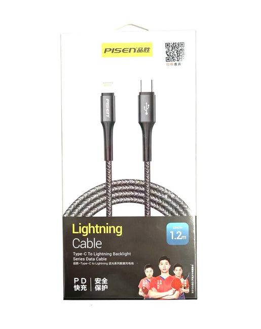 Pisen Braided Lightning to USB-C PD Fast Charge Cable (1.2M) Black-Supports 2.4A,Reinforced Wire Treatment,Extended Soft SR, Apple iPhone/iPad/MacBook