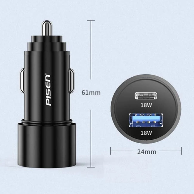 Pisen 36W Dual Port (USB-C 18W PD + USB-A 18W QC) Fast Car Charger Black - Intelligent Charging, 12-24V Wide Voltage Input, Safe Battery Protection