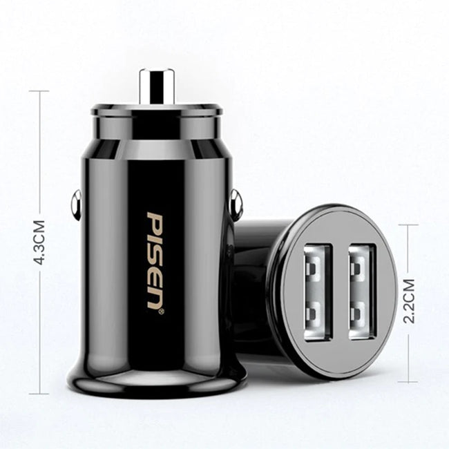 Pisen Dual Port USB-A Mini Car Charger - Support 4.8A Current, Prevent Overcharge and Short Circuit, Small and Refined