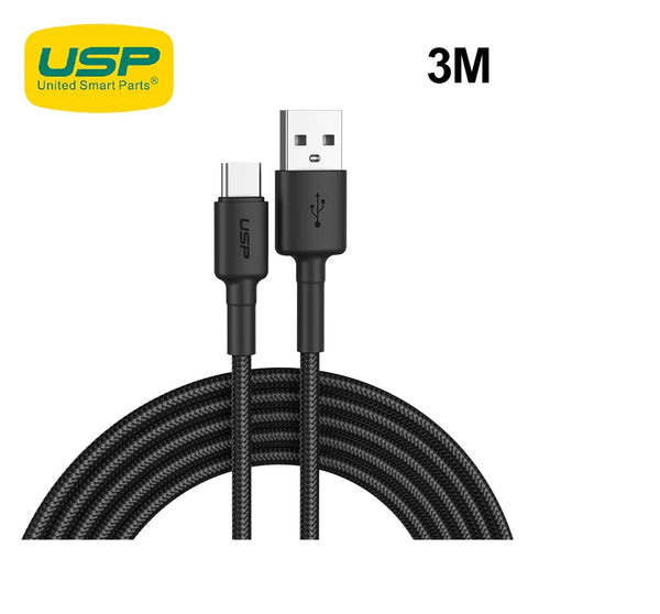USP BoostUp USB-C to USB-A Cable (3M) Black - 3A Fast and Safe Charge,Durable,Nylon Weaving,Samsung Galaxy,Apple iPhone,iPad,MacBook,Google,OPPO,Nokia