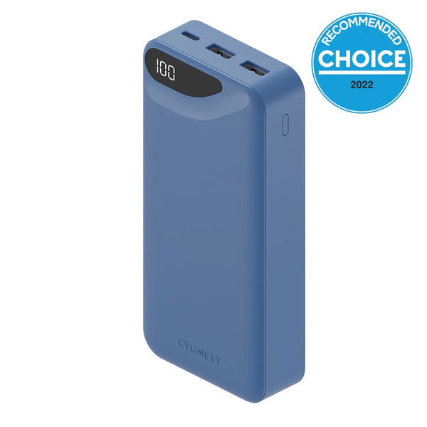 Cygnett ChargeUp Boost 3rd Gen 20K mAh Power Bank - Blue (CY4346PBCHE), 1x USB-C(15W),2x USB-A(12W), 15cm USB-C Cable,Digital Display,Charge 3 Devices