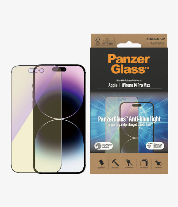 PanzerGlass Apple iPhone 14 Pro Max Anti-Blue Light Screen Protector Ultra-Wide Fit - Black (2794), Drop Protection, Scratch & Shock Resistant, 2YR