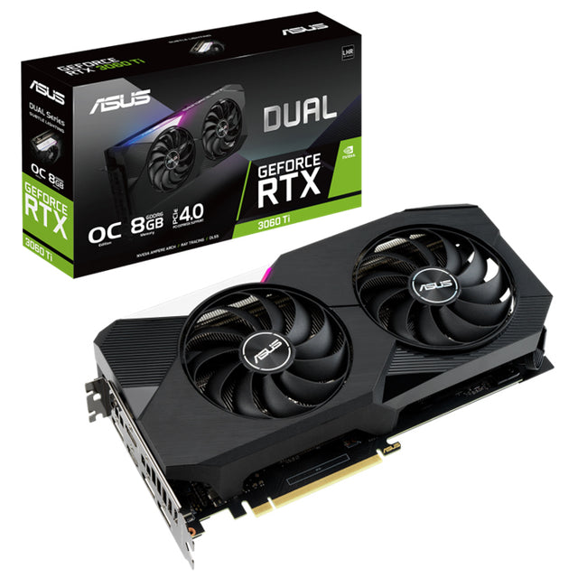 ASUS nVidia GeForce DUAL-RTX3060TI-O8G-V2 RTX 3060 Ti V2 8GB OC Edition, GDDR6 1740MHz 2xHDMI 3xDP Ampere SM, 2nd RT Cores, 3rd Gen Tensor Cores (LHR)