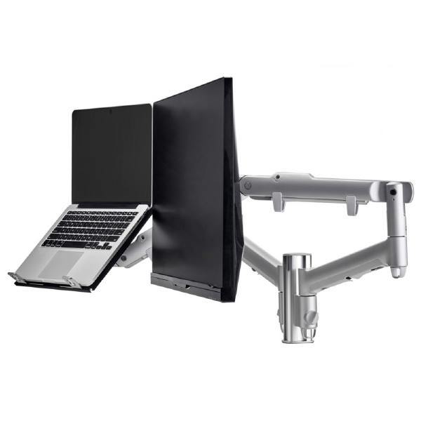 Atdec AWM Dual Arm Solution - Dynamic Arms  - 135mm post - F Clamp - Silver w/ Notebook Tray - Connected Technologies