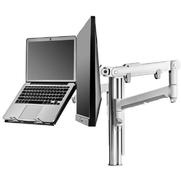 Atdec AWM Dual monitor arm solution - dynamic arms  - 135mm post - F Clamp - white with a note book tray - Connected Technologies