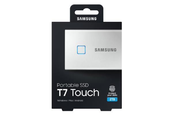 Samsung T7 Touch Portable SSD 2TB,USB3.2, Type-C, R/W(Max) 1,050MB/s, Aluminium Case, Fingerprint Password Security, Silver, 3 Years Warranty - Connected Technologies