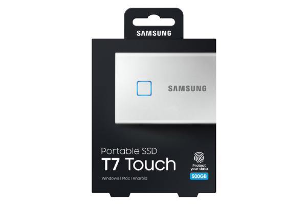 Samsung T7 Touch Portable SSD 500GB,USB3.2, Type-C, R/W(Max) 1,050MB/s, Aluminium Case, Fingerprint Password Security, Silver, 3 Years Warranty - Connected Technologies