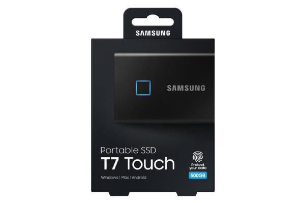 Samsung T7 Touch Portable SSD 500GB ,USB3.2, Type-C, R/W(Max) 1,050MB/s, Aluminium Case, Fingerprint Password Security, Black, 3 Years Warranty - Connected Technologies