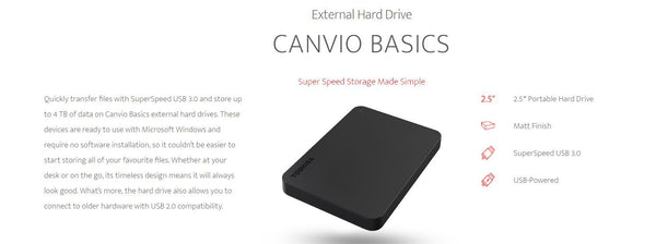 Toshiba HDD 2.5&quot; External USB3 1TB Canvio Basic A1 (Black), 2 Year Warranty - Connected Technologies