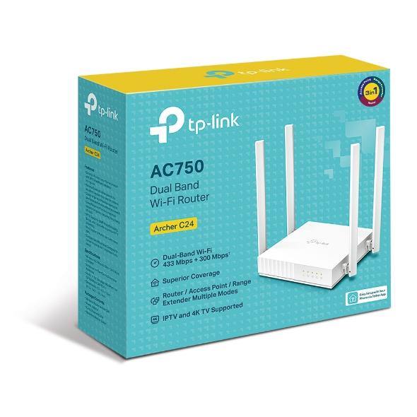 TP-Link Archer C24 AC750 Dual-Band Wi-Fi Router 2.4GHz 300Mbps 5GHz 433Mbps 4xLAN 1xWAN 4xAntennas, WPS, Router Access Point and Range Extender Modes - Connected Technologies