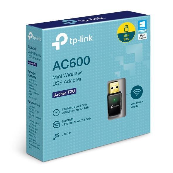 TP-Link Archer T2U AC600 Wireless Dual Band USB Adapter 2.4GHz (150Mbps) 5GHz (433Mbps) 1xUSB2 802.11ac 1x Omni Directional Antenna WPS button - Connected Technologies