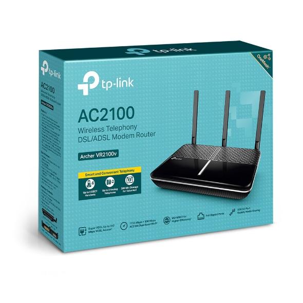 TP-Link Archer VR2100v AC2100 Wireless MU-MIMO VDSL/ADSL Telephony Modem Router VDSL2 Profile 35b Up To 1733Mbps, MU-MIMO, Whole Home, Voice Mail - Connected Technologies