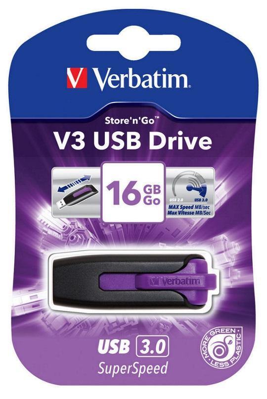 Verbatim 16GB V3 USB3.0 Violet Store'n'Go V3; Rectractable USB Storage Drive Memory Stick - Connected Technologies