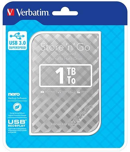 Verbatim 1TB 2.5' USB 3.0 Silver. Store'n'Go HDD Grid Design, Nero Backup Software,Supports USB Recording/ Playback 158g, - Connected Technologies