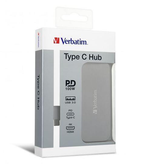 Verbatim USB-C  Hub - 1x HDMI, 2x USB3.0, Supports Up to 4k/30Hz Output, PD Fast Charging up to 100W Grey - Connected Technologies